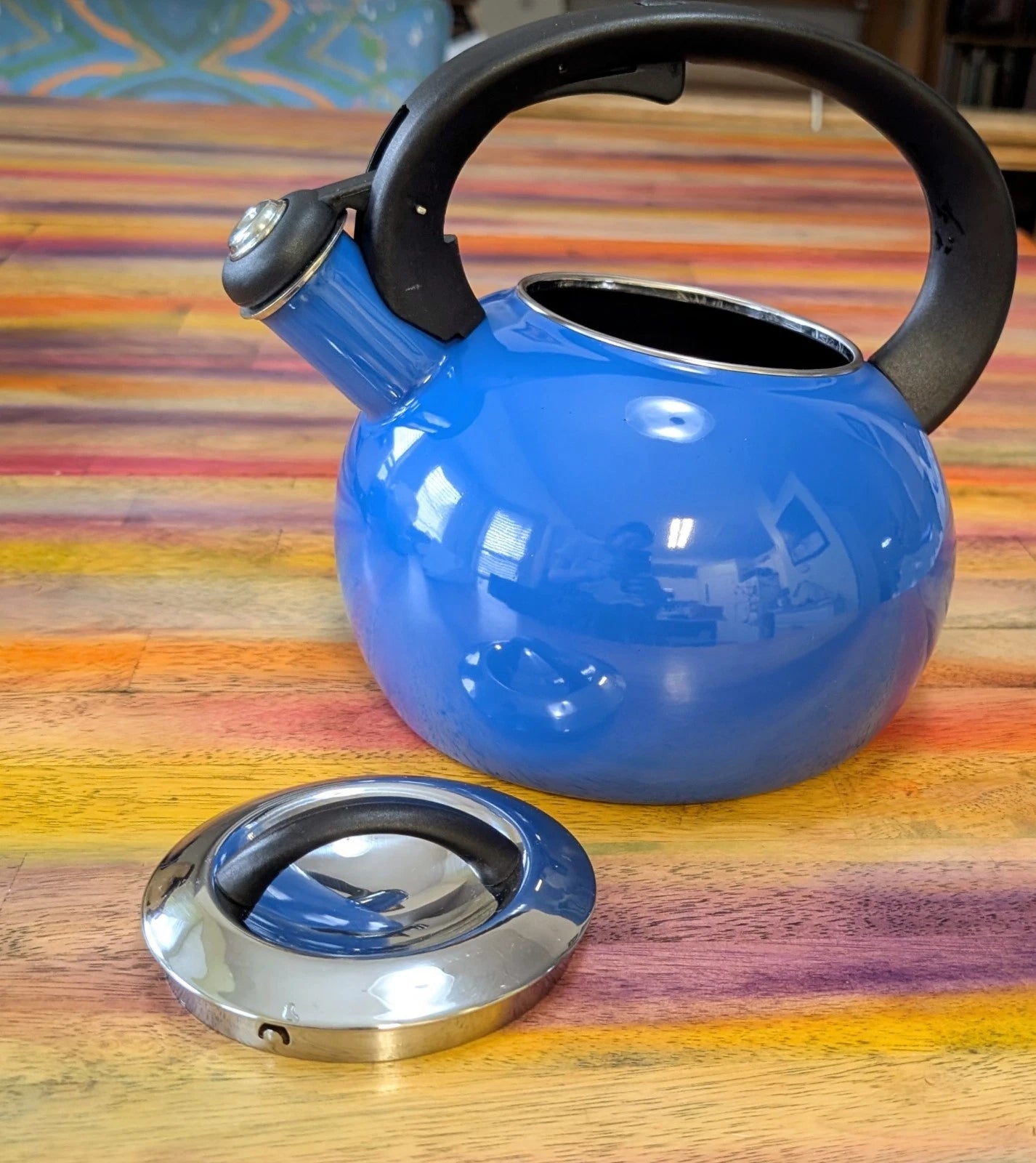 ⭐Whistling Tea Kettle Pot Heat Water Blue Enamel On Steel Handle Button NICE | eBay