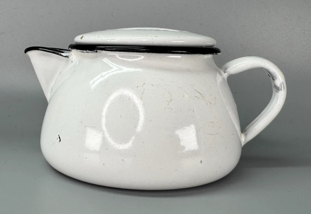 Vtg Enamelware SINGLE SERVE TEAPOT White Black Trim POLAR WARE? Small | eBay