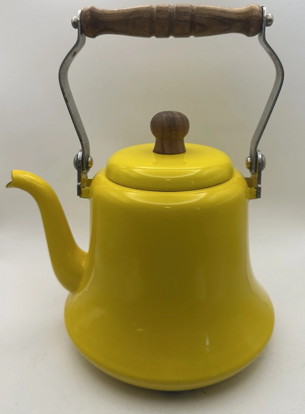 Vintage Yellow Enamel MCM Teapot With Wood Handle Has Some Patina See Pics | eBay