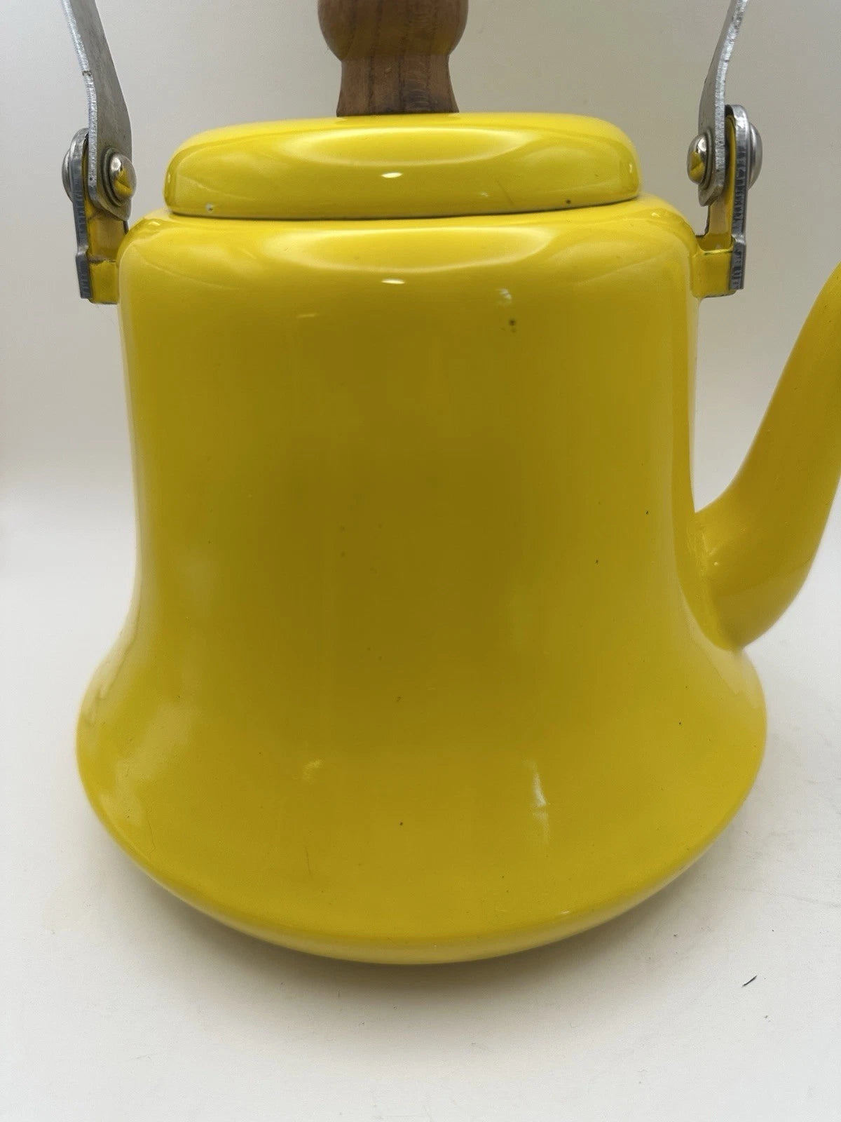 Vintage Yellow Enamel MCM Teapot With Wood Handle Has Some Patina See Pics | eBay