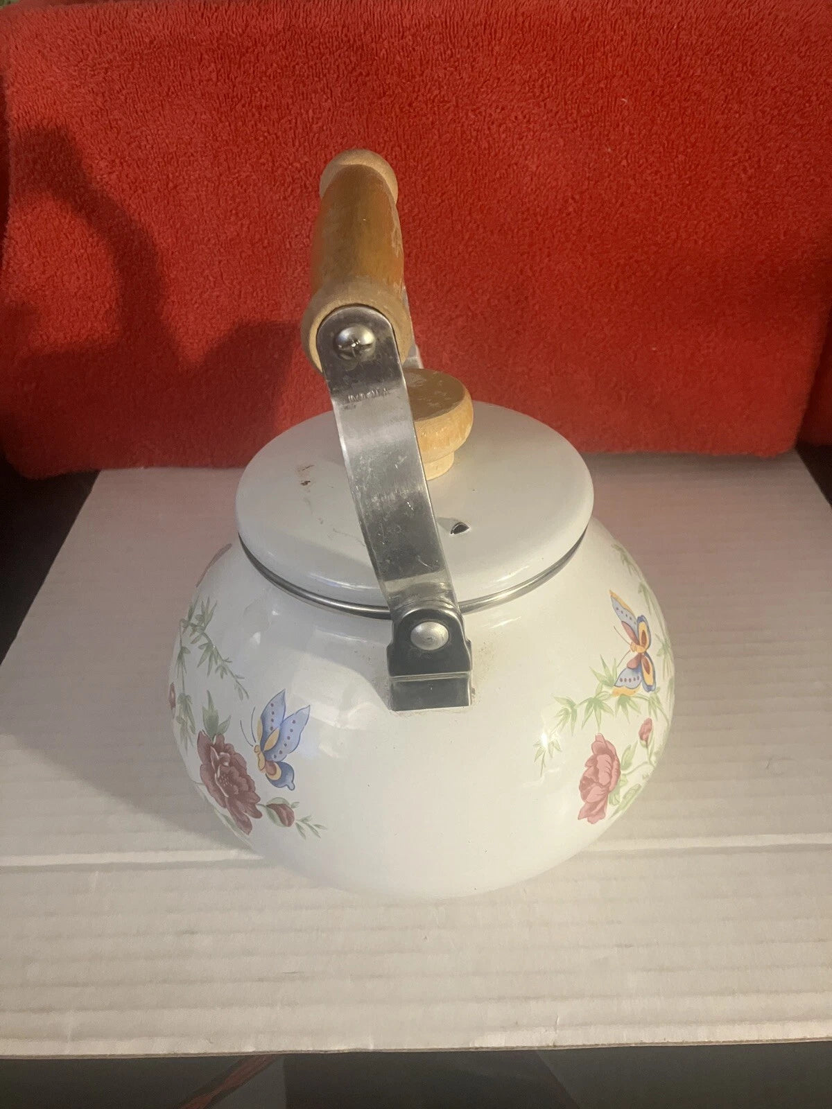 VTG Enamel White Tea Pot Kettle Wood Handle Spring Flowers & Butterflies DWK | eBay