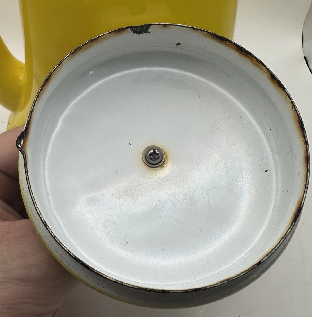 Vintage Yellow Enamel MCM Teapot With Wood Handle Has Some Patina See Pics | eBay