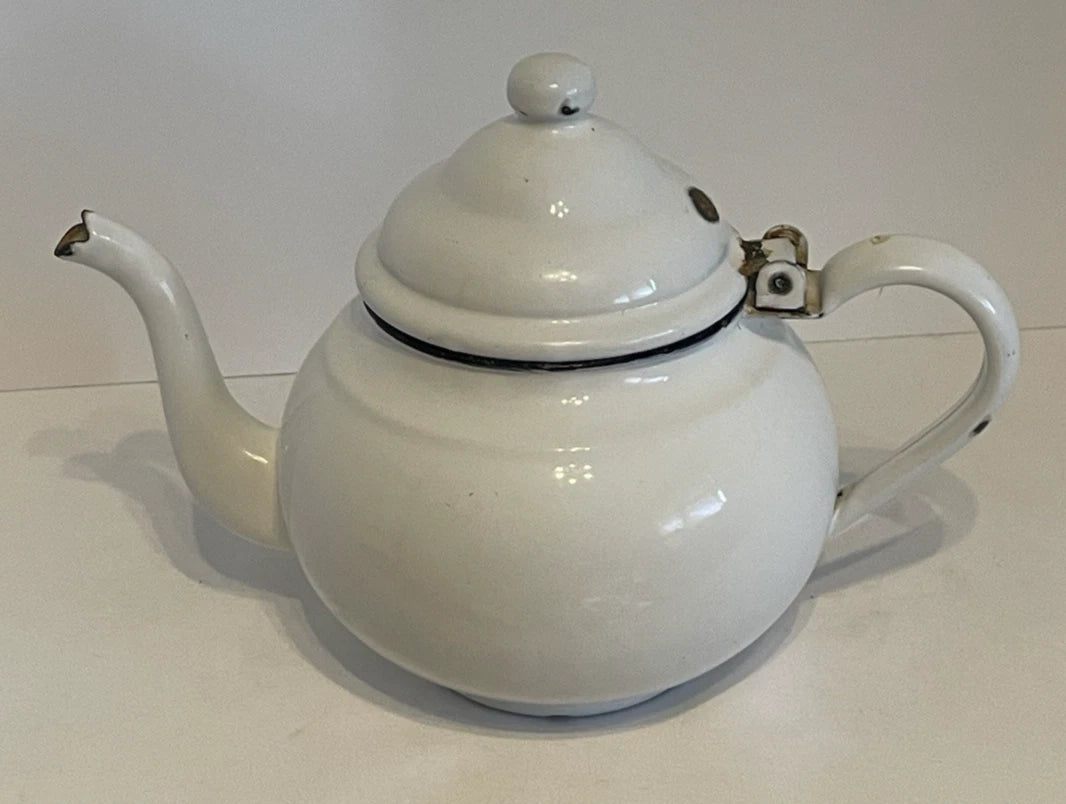 Vintage White Enamelware Teapot w Lid Rustic Farmhouse 7 Inches Tall | eBay