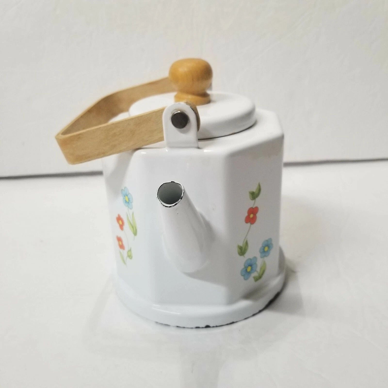 Enamel Floral White Teapot Bamboo Handle CRAFTS DAMAGE Decorative Kettle Planter | eBay