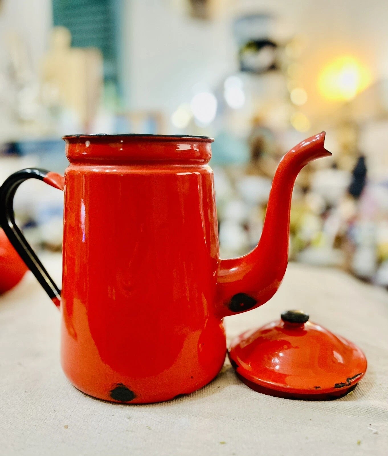 Vintage Red Enamel Teapot 9" Metal Enamelware Farmhouse Country Japan | eBay