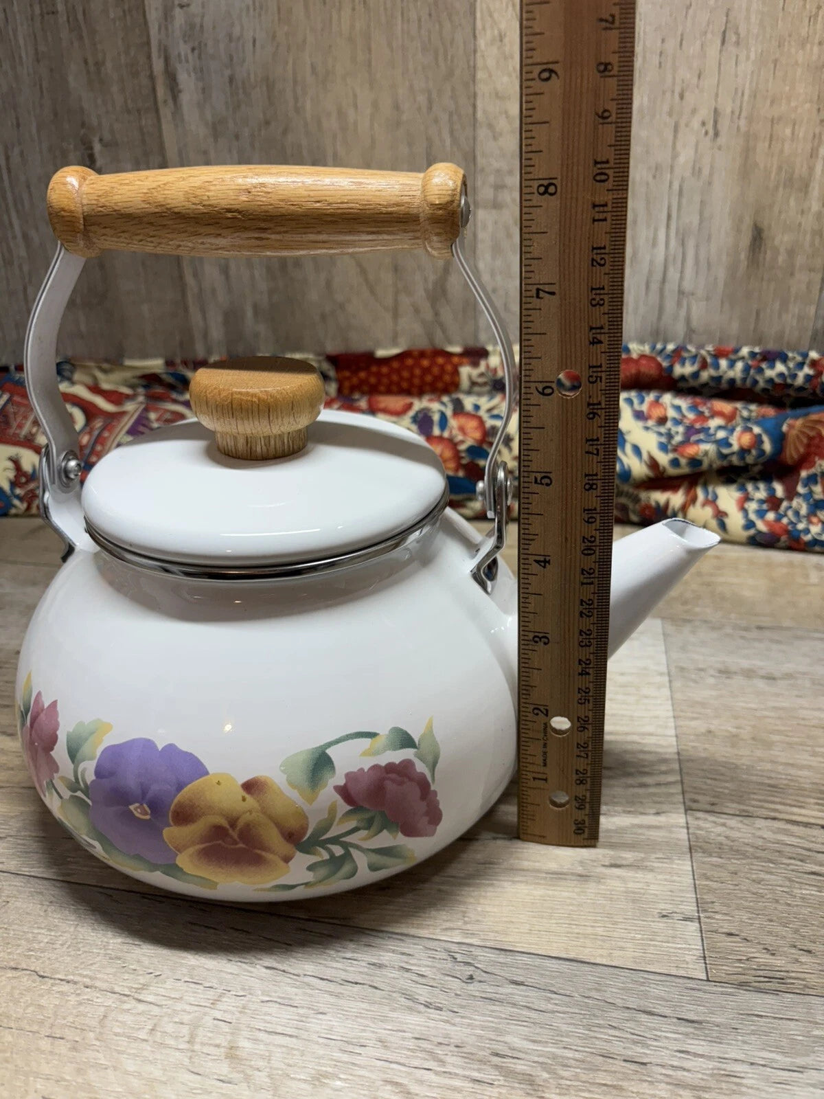 Vtg Enamel Lincoware Tea Pot / Kettle White w/ Pansy Flowers Wood Handles | eBay