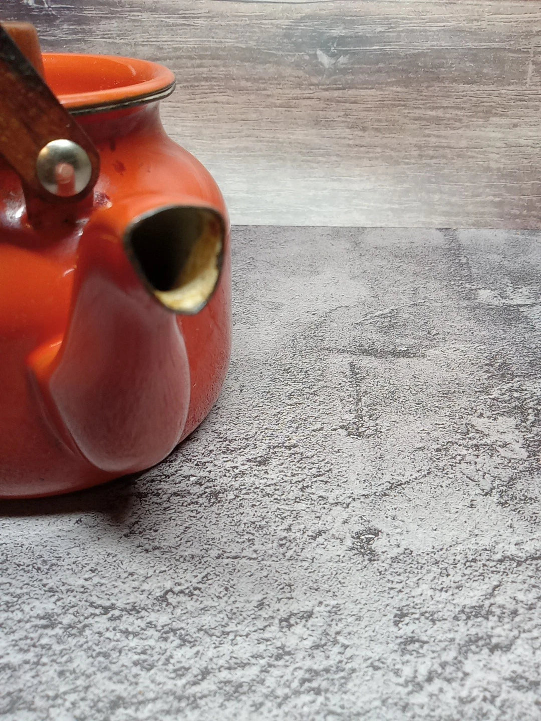 Vtg MCM Tea Kettle Teapot Enamel Wood Handle w/ lid RUST ORANGE | eBay