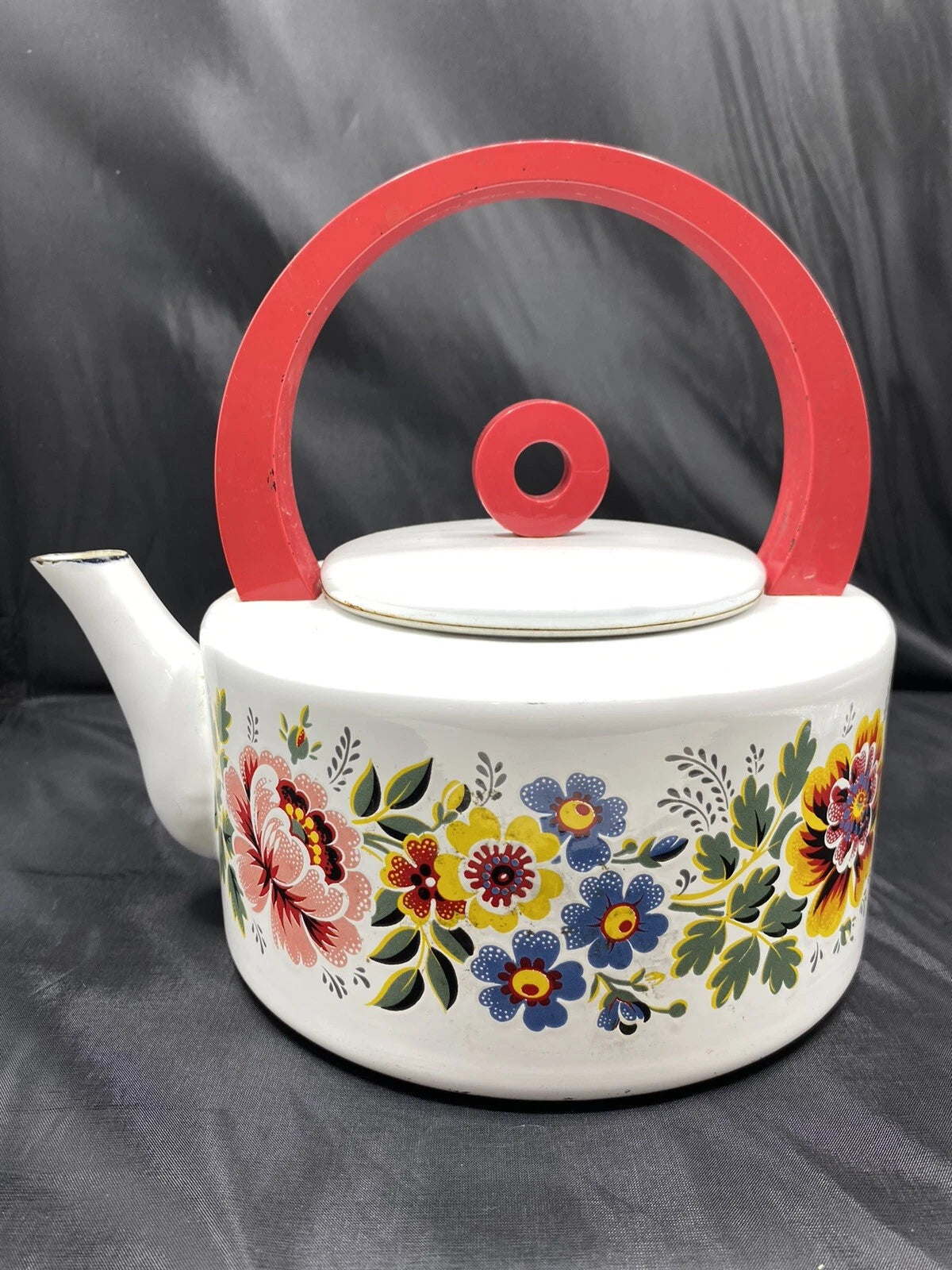 Enamel TEAPOT Kettle Floral Mid-Century Modern Red Round Handle Vintage | eBay