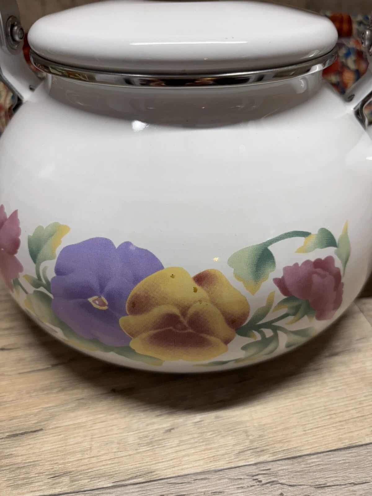 Vtg Enamel Lincoware Tea Pot / Kettle White w/ Pansy Flowers Wood Handles | eBay