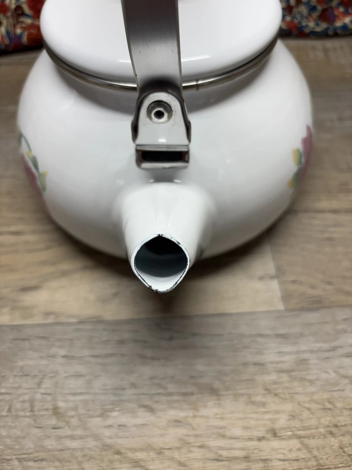 Vtg Enamel Lincoware Tea Pot / Kettle White w/ Pansy Flowers Wood Handles | eBay