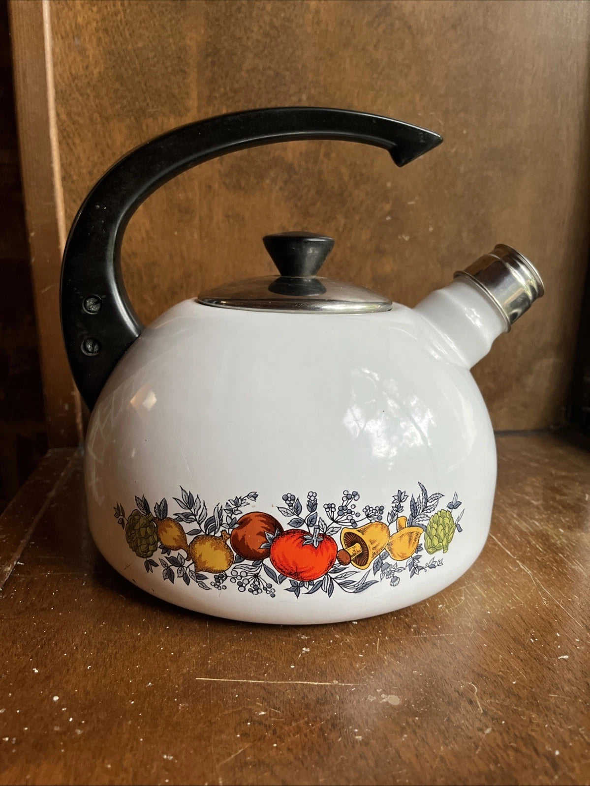 Vintage Floral White Enamel Teapot Kettle Kitchen Spice Of Life Corning Style | eBay