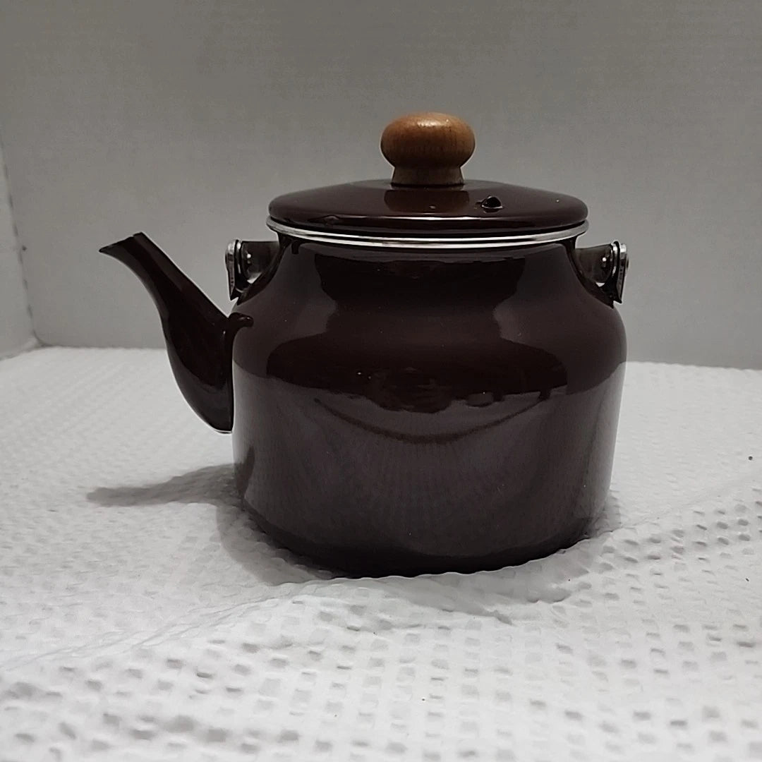Vintage Small Brown Enamelware Tea Pot Kettle Wood Handle 6.5" x 4.75" | eBay