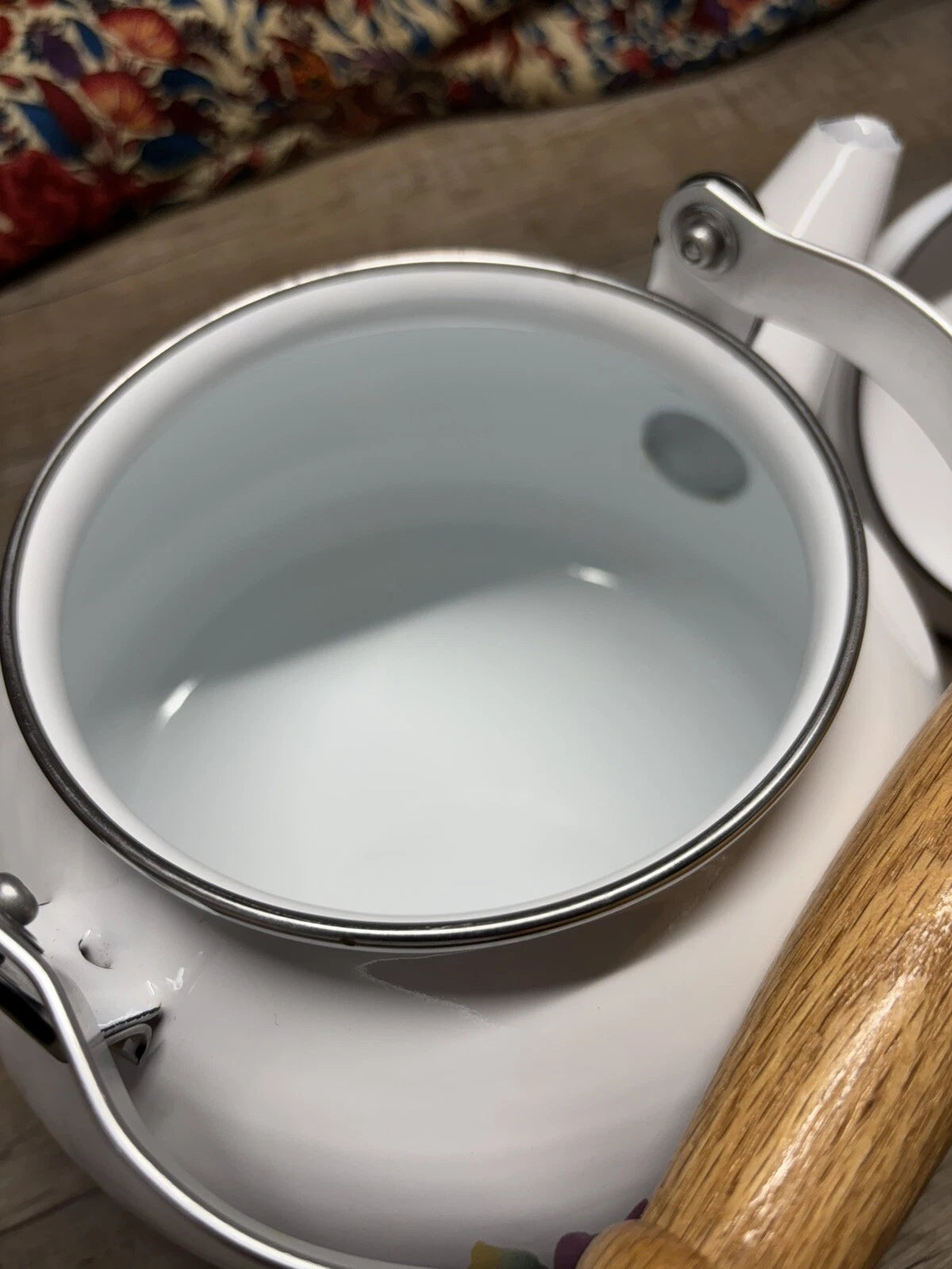 Vtg Enamel Lincoware Tea Pot / Kettle White w/ Pansy Flowers Wood Handles | eBay