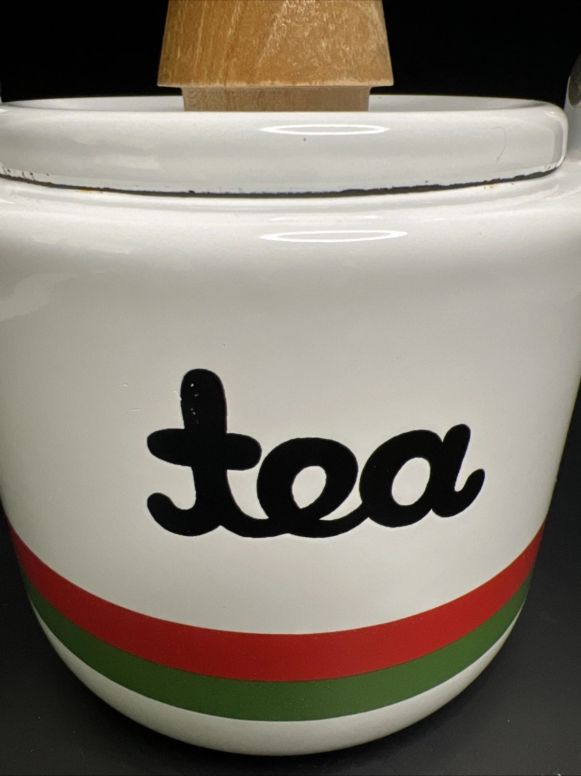 Vintage Japan White Enamel Teapot Kettle Red/Green Stripes Wooden Knob Handle | eBay