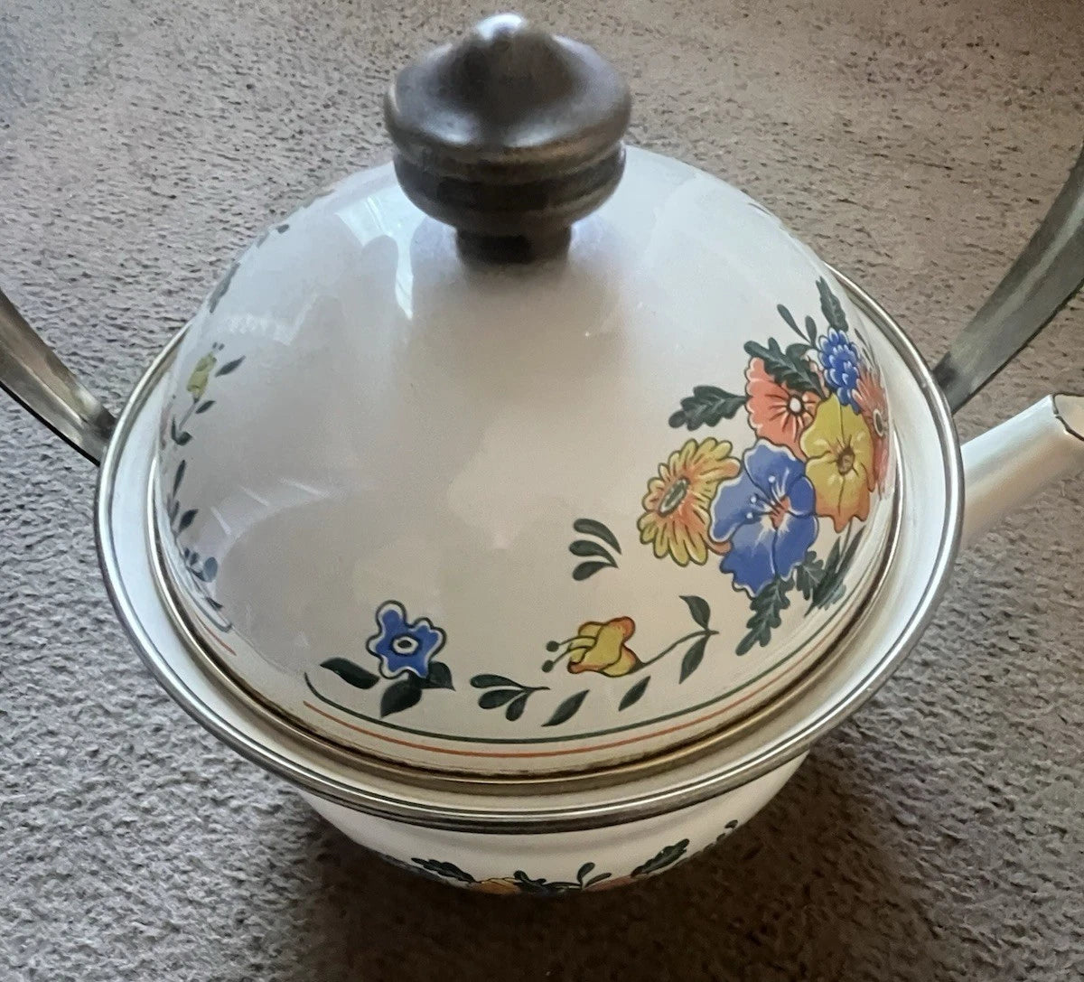 VTG M. KAMENSTEIN ENAMEL FLORAL TEAPOT/KETTLE W BRASS & WOOD HANDLE | eBay