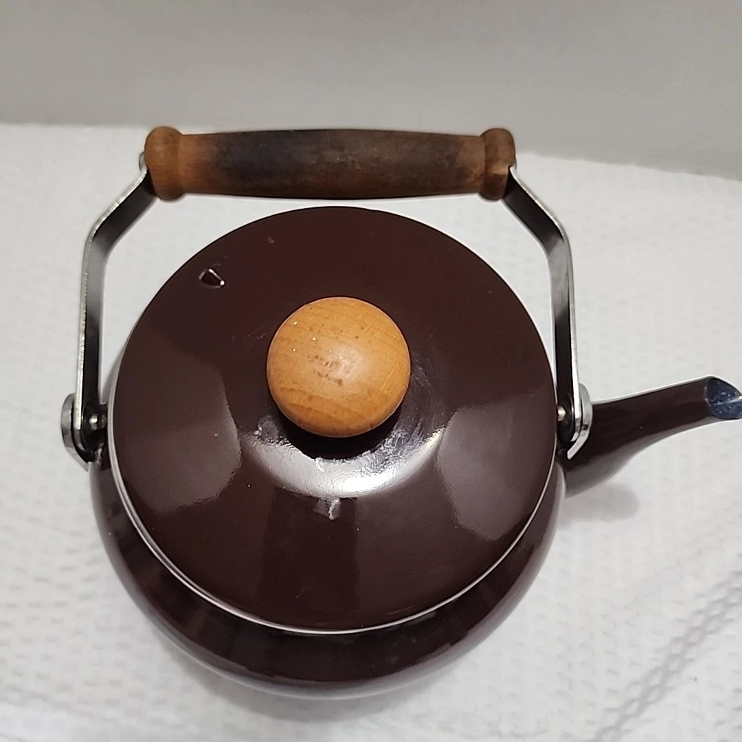 Vintage Small Brown Enamelware Tea Pot Kettle Wood Handle 6.5" x 4.75" | eBay