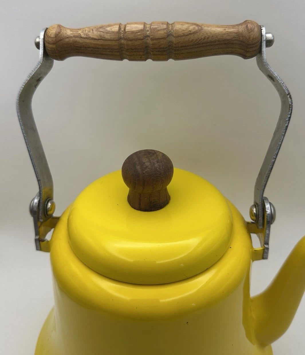 Vintage Yellow Enamel MCM Teapot With Wood Handle Has Some Patina See Pics | eBay