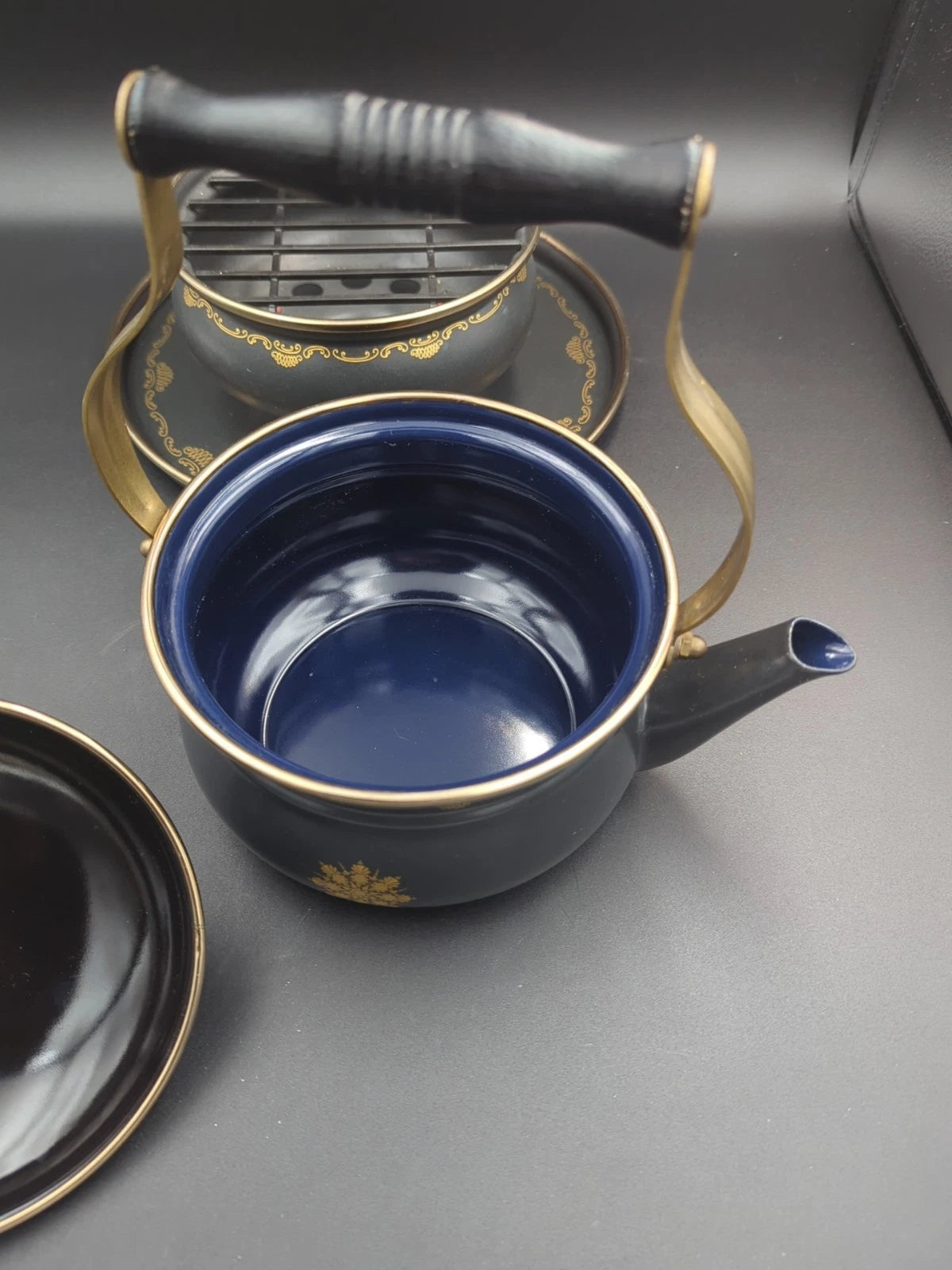 Vntage ASTA Fissler Enamelware Teapot and Warmer Set Black With Gold Trim | eBay