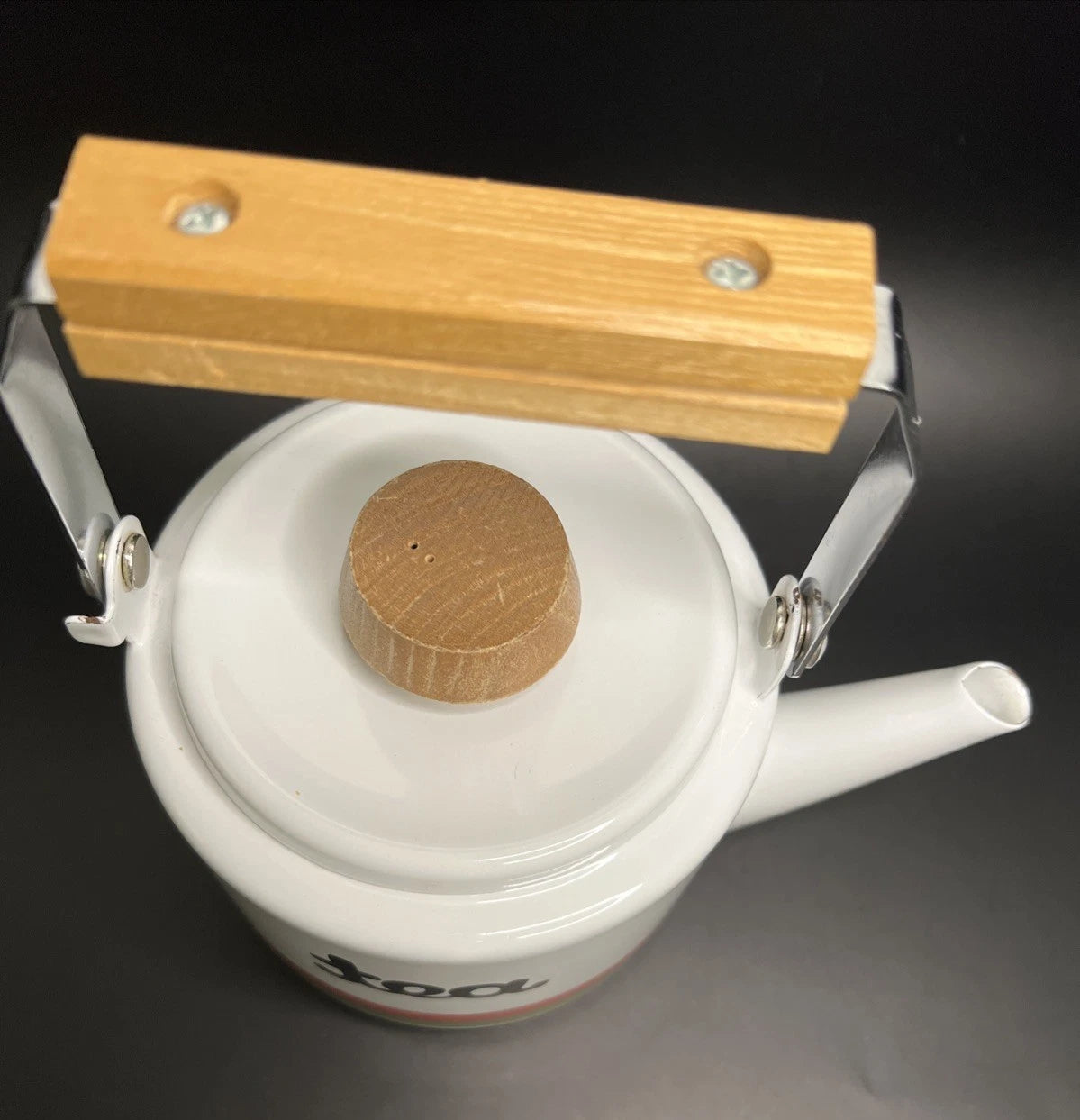 Vintage Japan White Enamel Teapot Kettle Red/Green Stripes Wooden Knob Handle | eBay