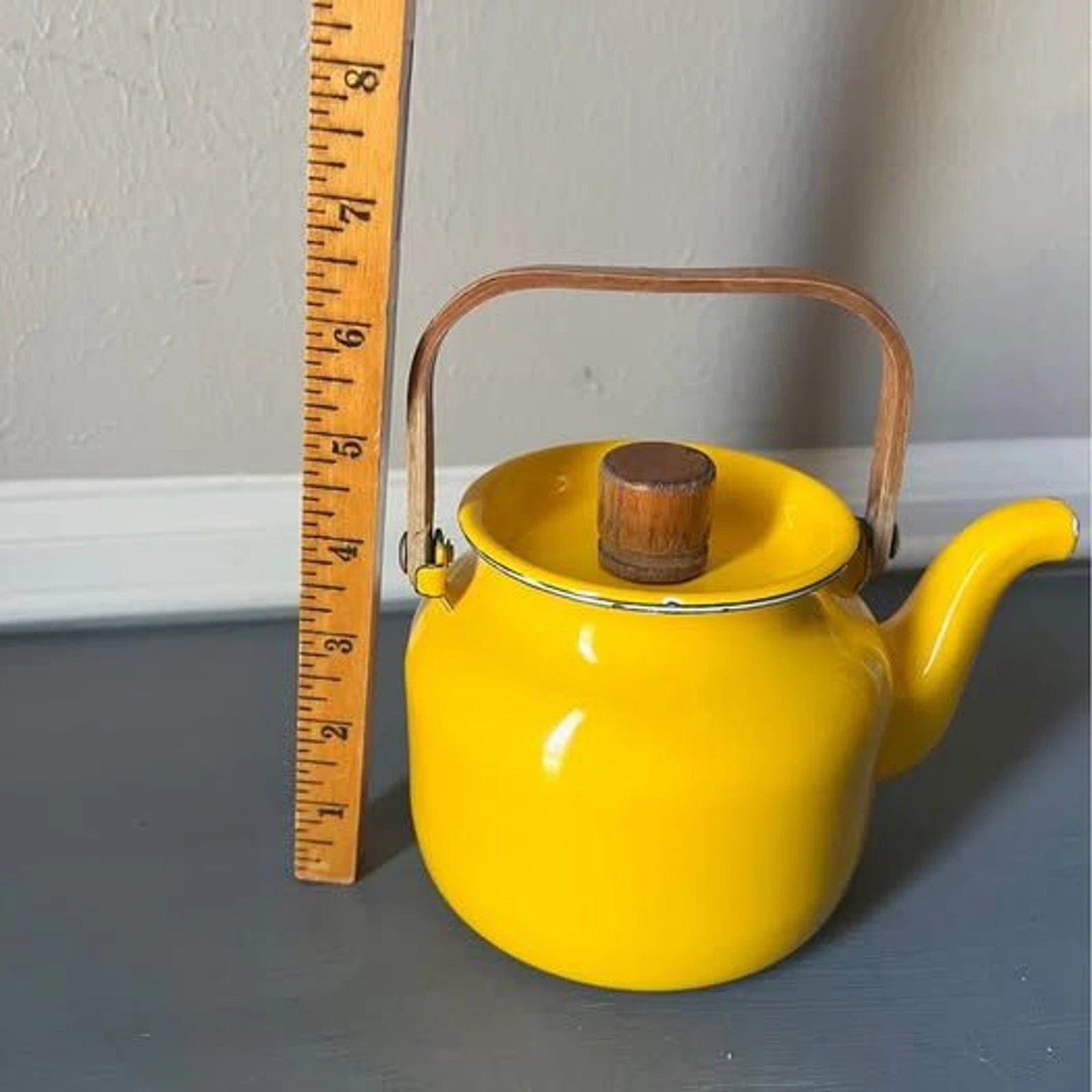 Vintage MCM Yellow Enamel Teapot with Teak Handle and Knob | eBay