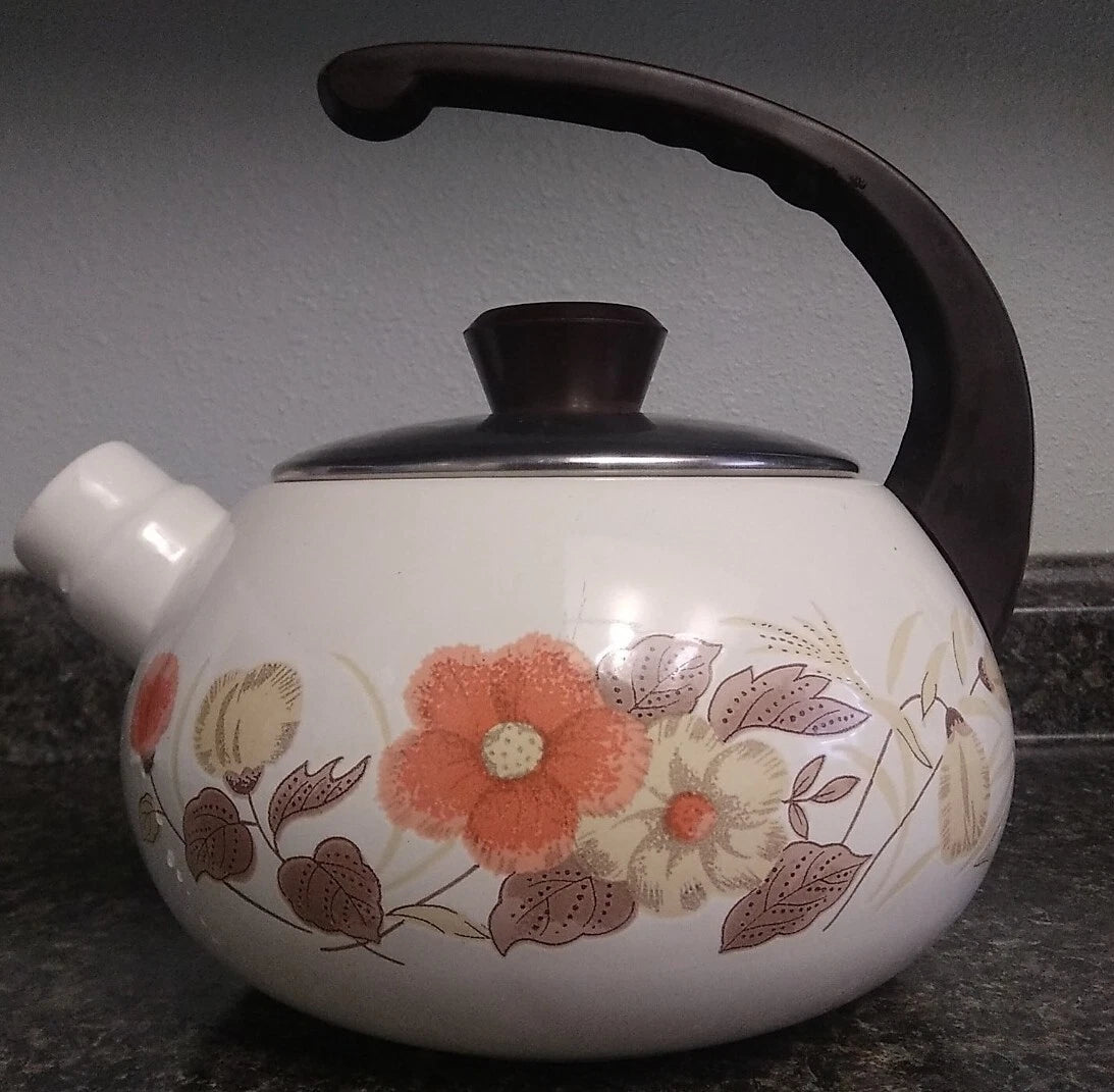 Vintage 70's MCM Floral Porcelain Enamel Steel Kettle Tea Pot-LOOK | eBay