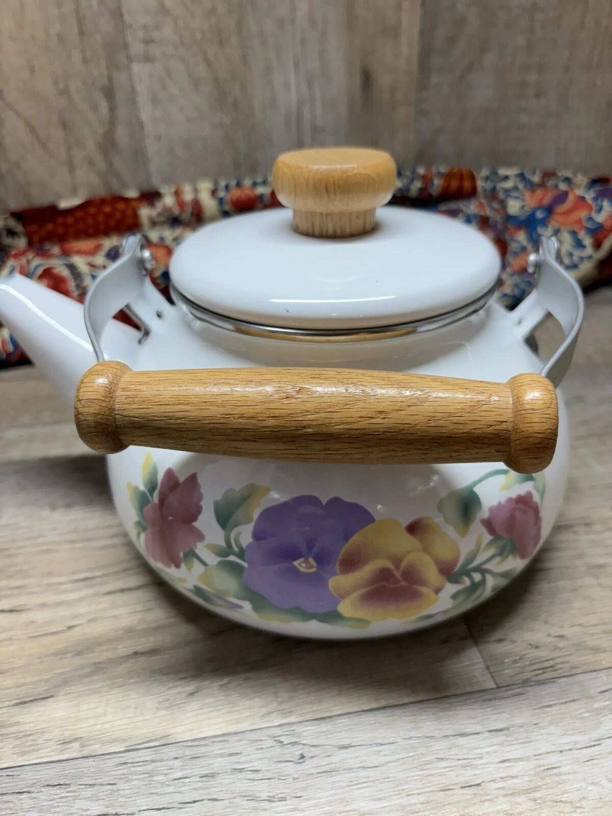 Vtg Enamel Lincoware Tea Pot / Kettle White w/ Pansy Flowers Wood Handles | eBay