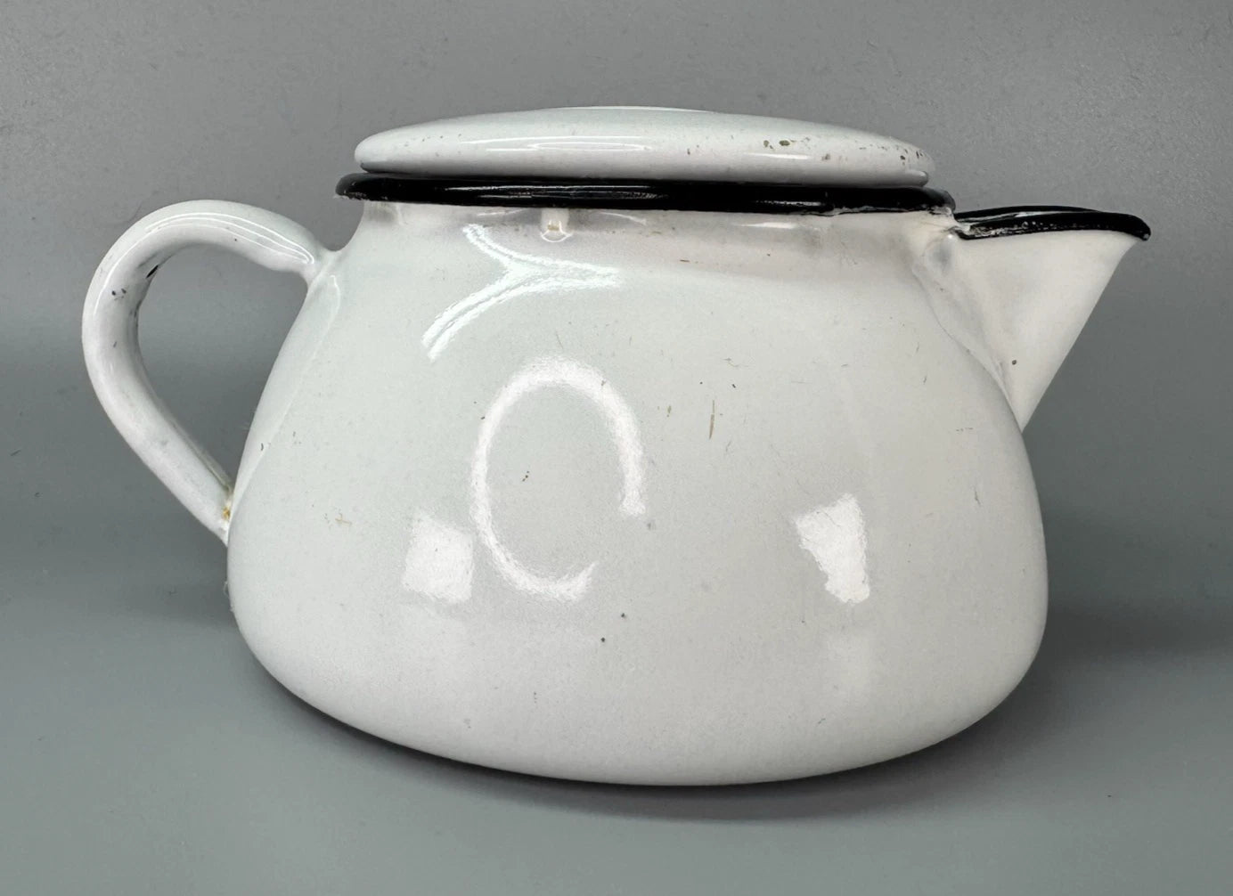 Vtg Enamelware SINGLE SERVE TEAPOT White Black Trim POLAR WARE? Small | eBay