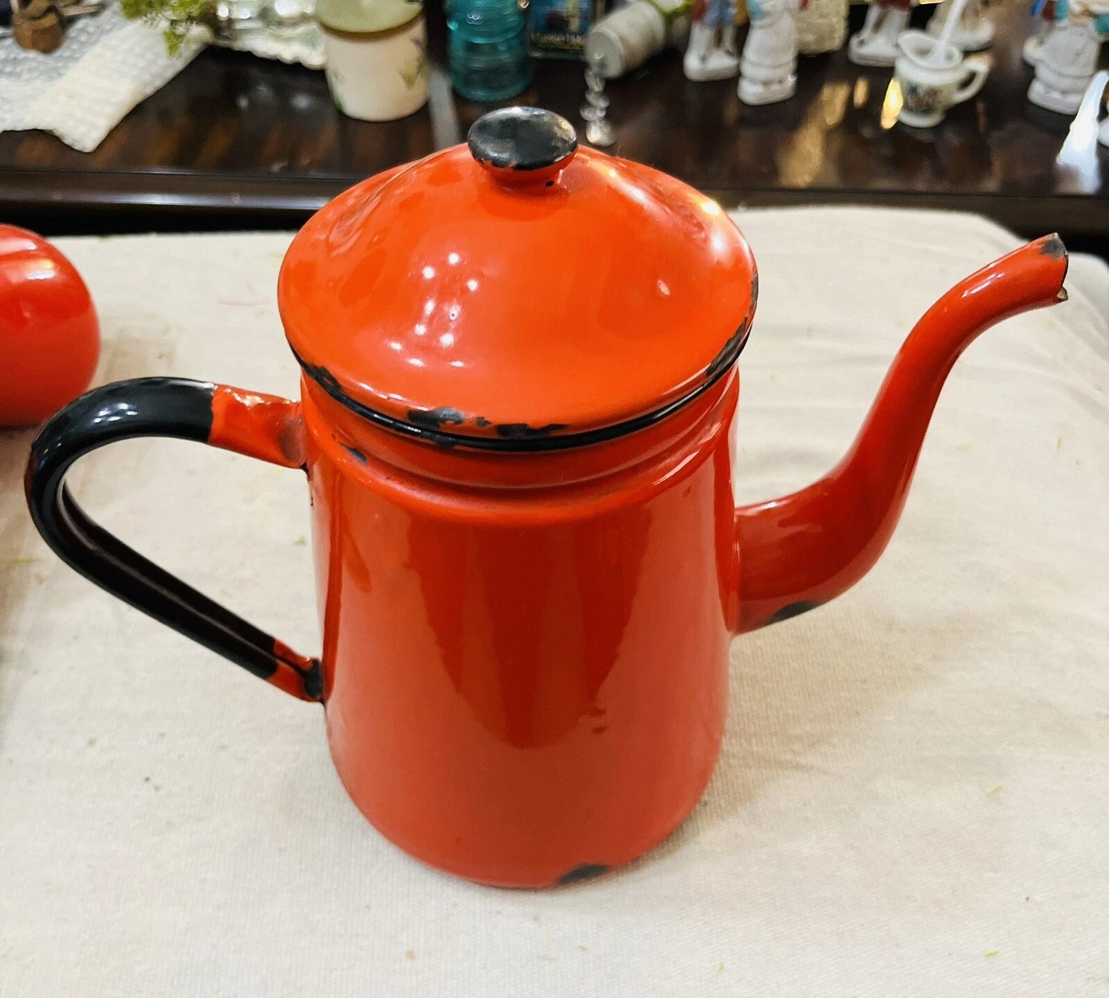 Vintage Red Enamel Teapot 9" Metal Enamelware Farmhouse Country Japan | eBay