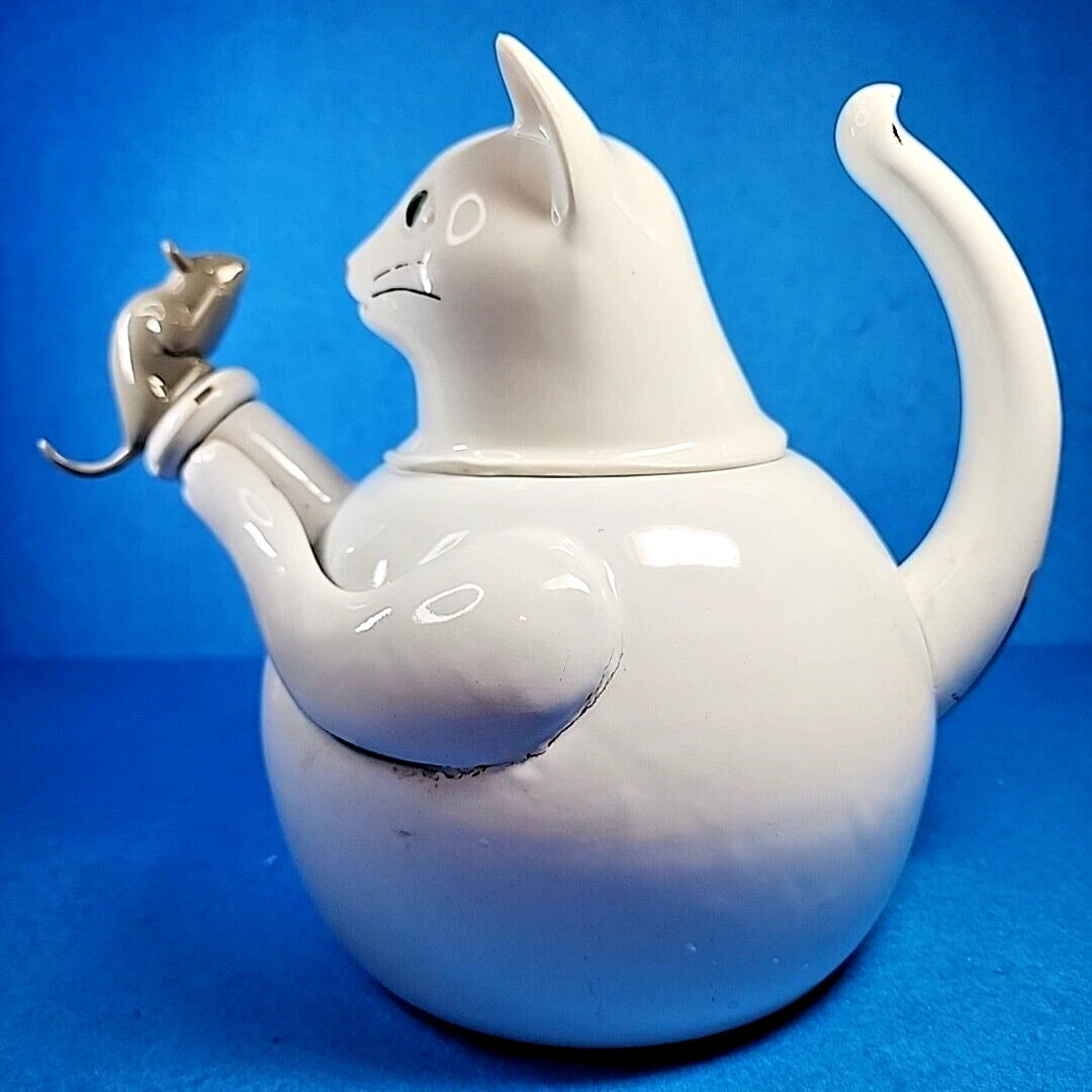 Vtg Enamelware Teapot Cat Mouse Whistling Tea Kettle White Tail Handle Enamel | eBay