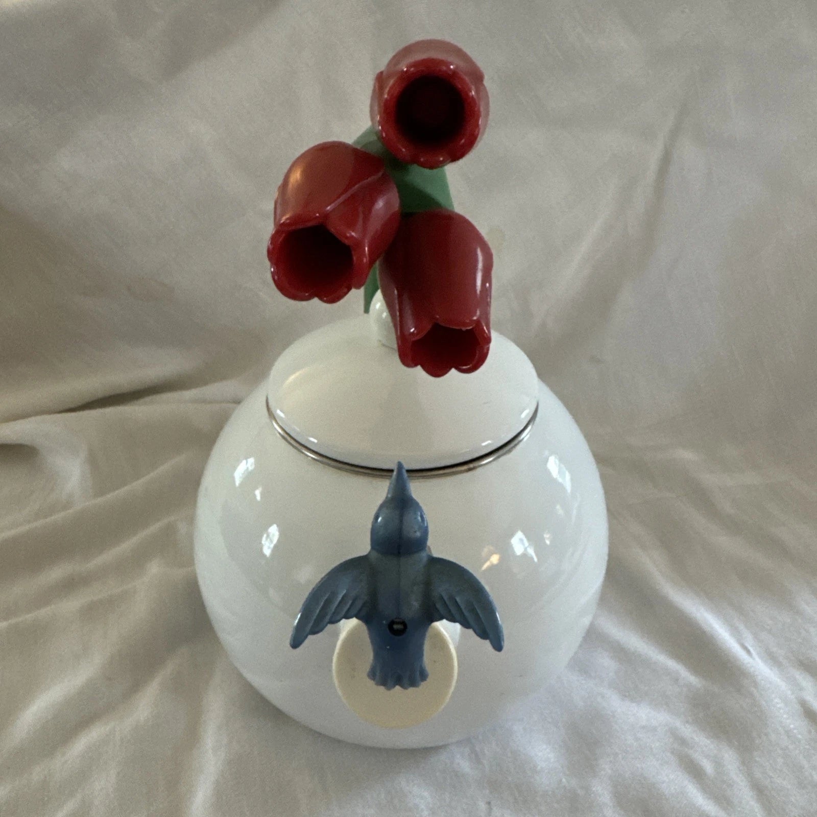 VTG Ancona White Enamel Tea Kettle Blue Hummingbird Red Tulips Teapot Whistles | eBay