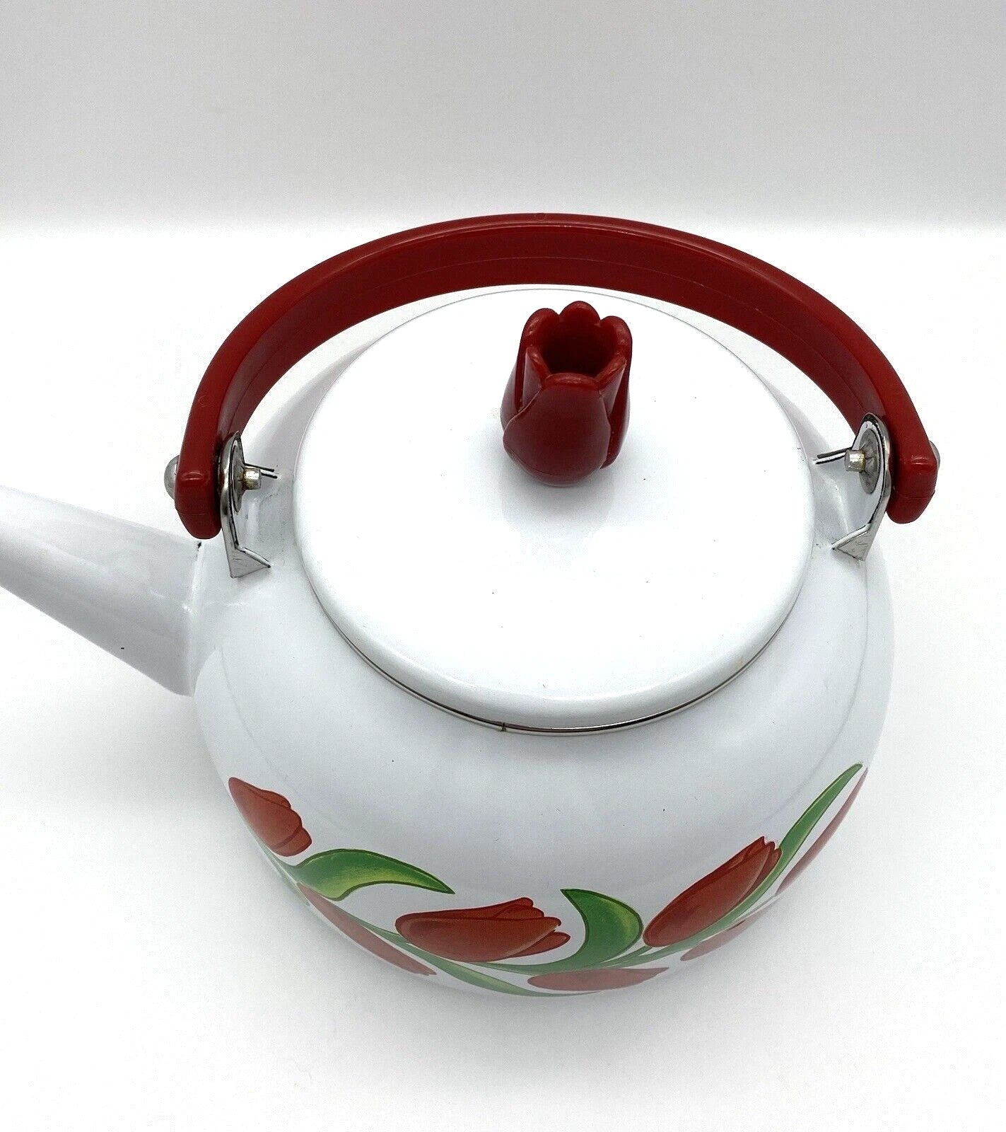 VTG Red Tulips Flowers CottageCore Kitsch Enamel Tea Kettle Red Handle Tea Pot | eBay