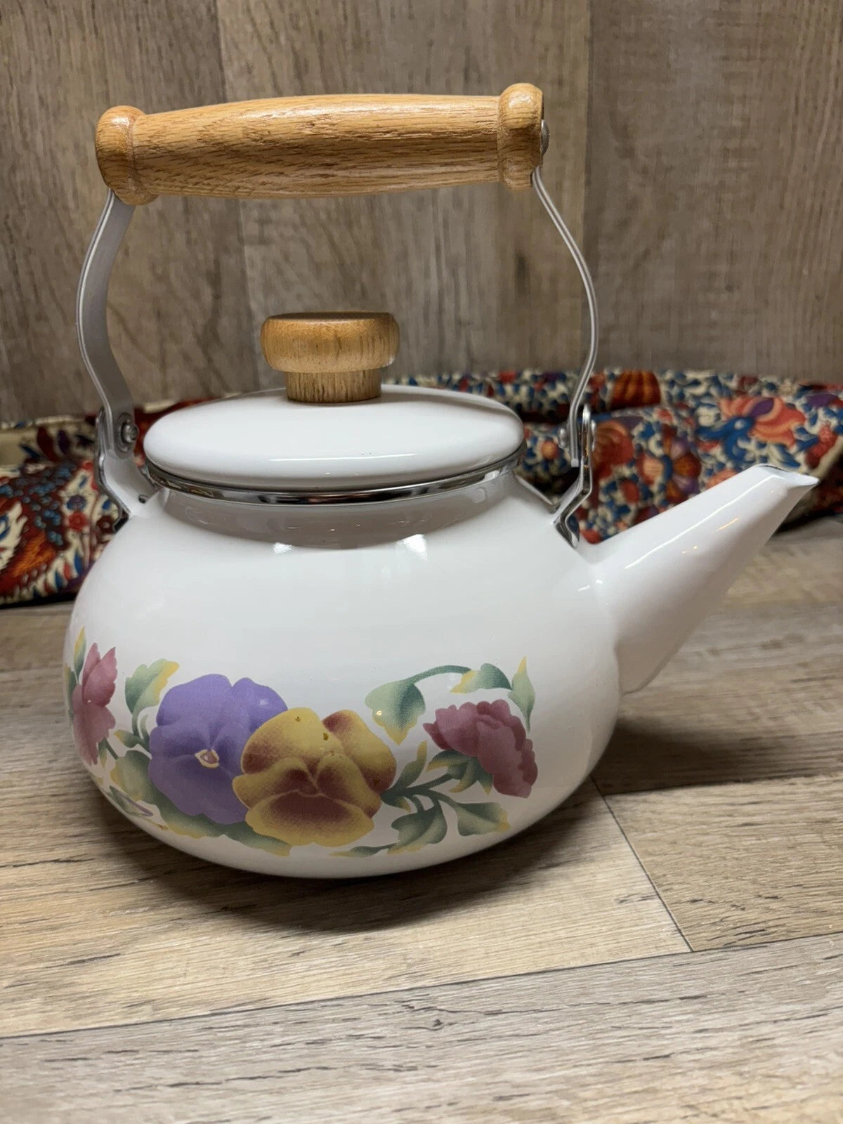 Vtg Enamel Lincoware Tea Pot / Kettle White w/ Pansy Flowers Wood Handles | eBay