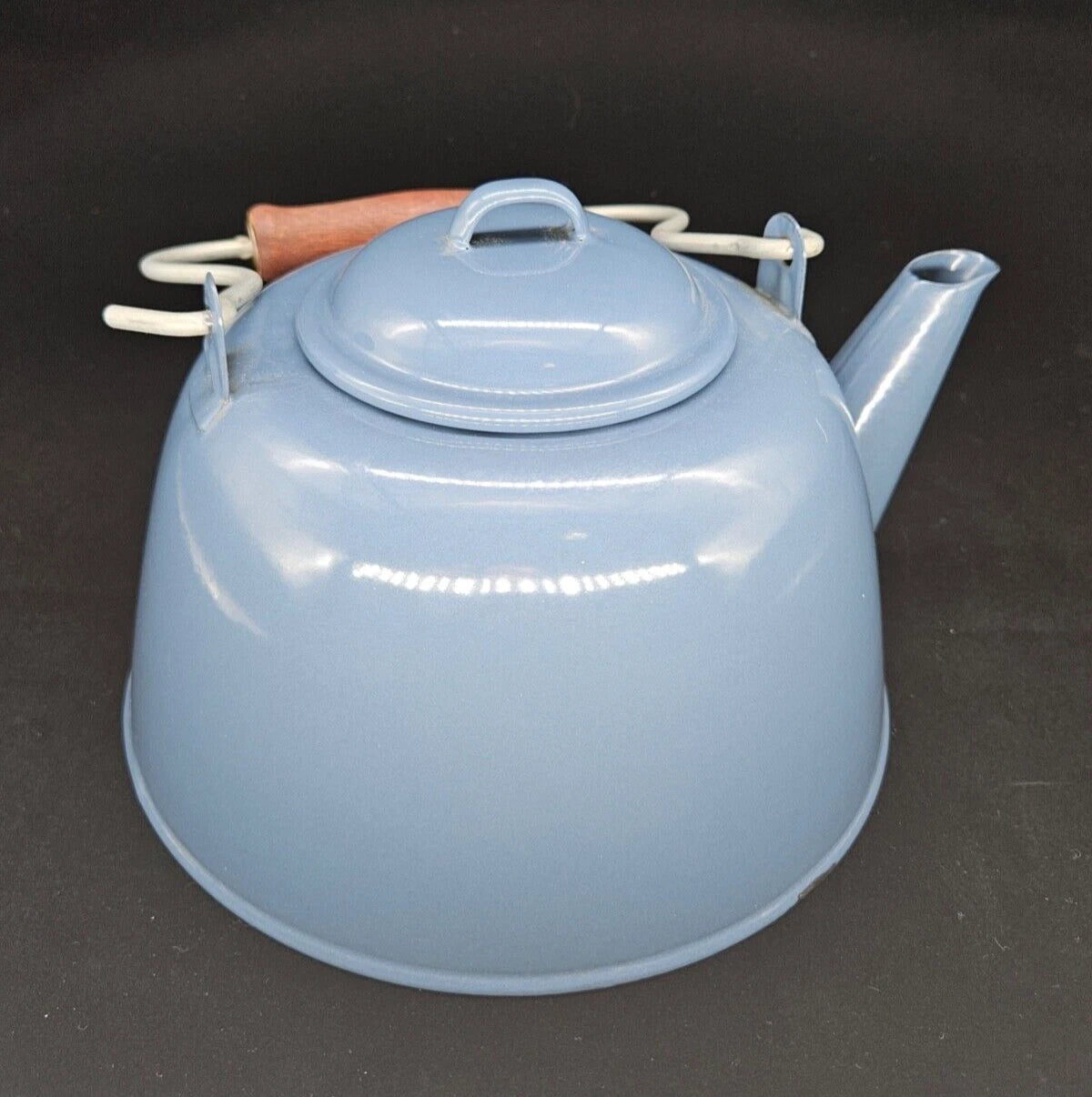 VTG Blue Enamel Teapot Kettle w/Wood Handle Kitchen Home Decor Simple Country | eBay