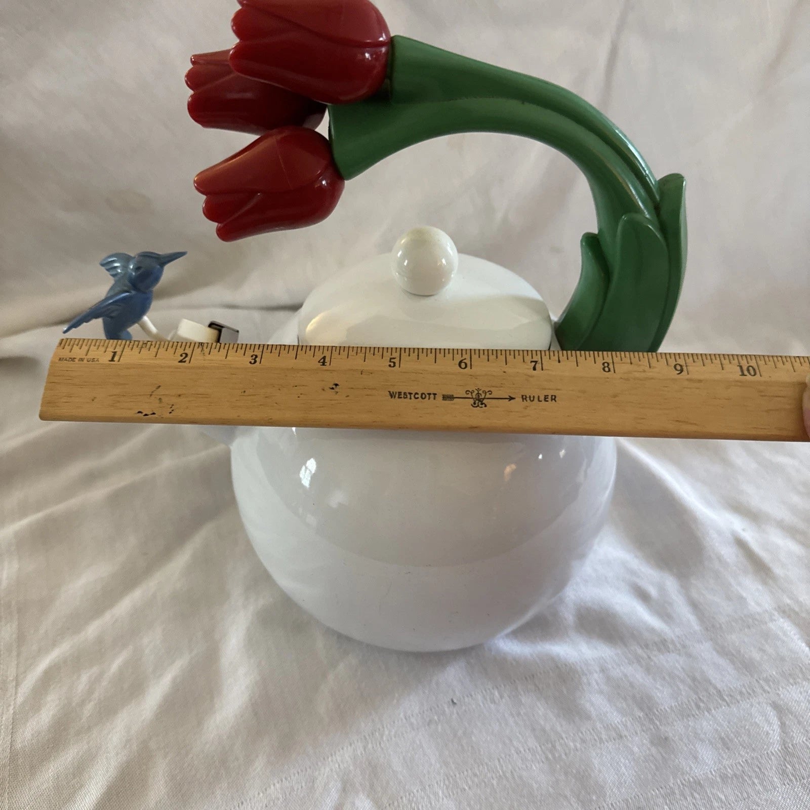 VTG Ancona White Enamel Tea Kettle Blue Hummingbird Red Tulips Teapot Whistles | eBay