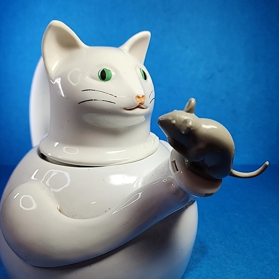 Vtg Enamelware Teapot Cat Mouse Whistling Tea Kettle White Tail Handle Enamel | eBay