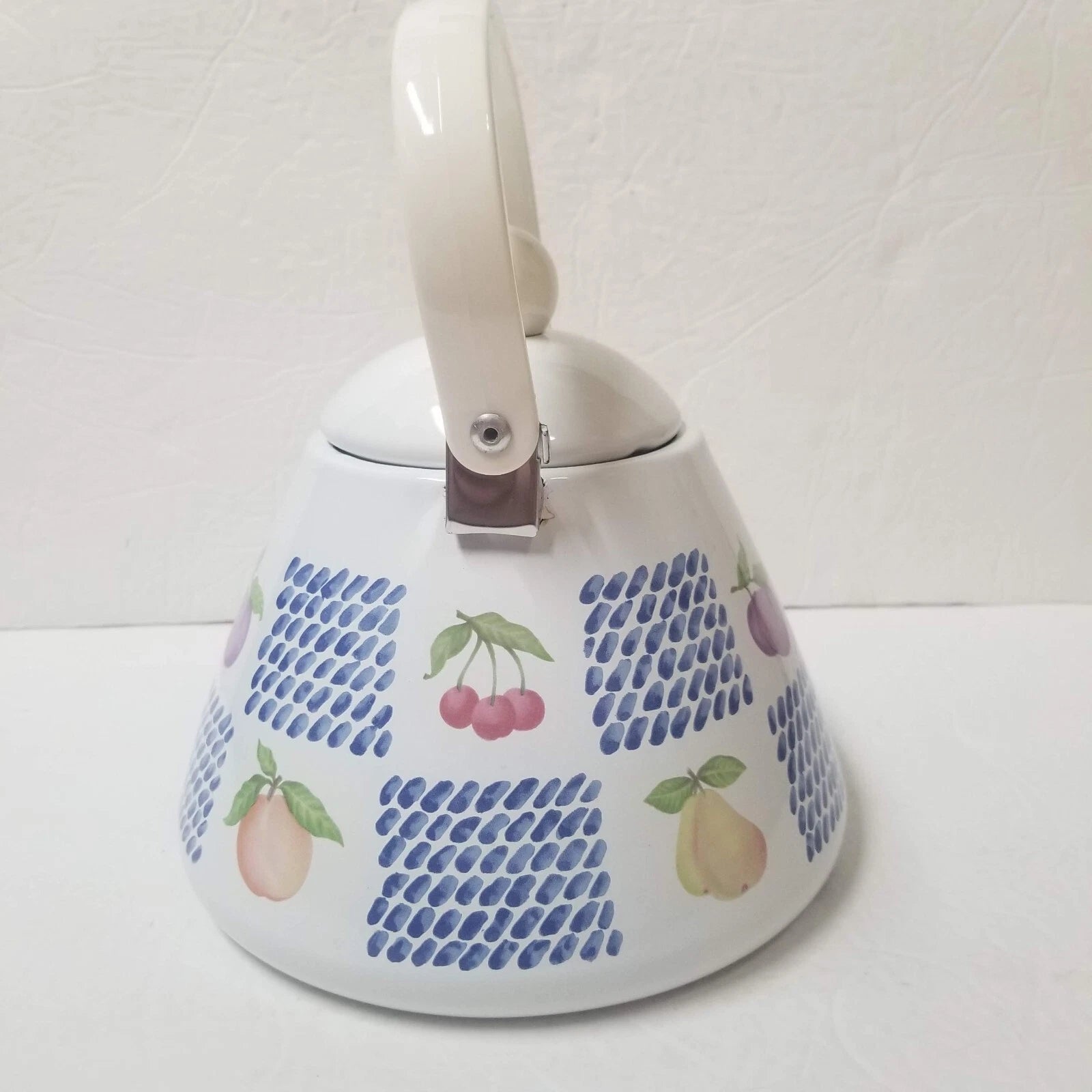 White Enamel Teapot Fruit Pear Cherries Plum Peach Blue 2 Qt Decorative Tea Pot | eBay