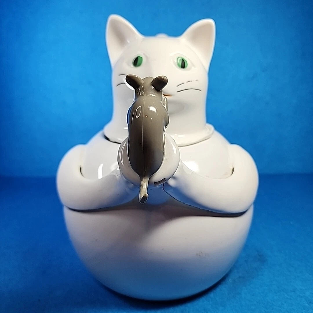 Vtg Enamelware Teapot Cat Mouse Whistling Tea Kettle White Tail Handle Enamel | eBay