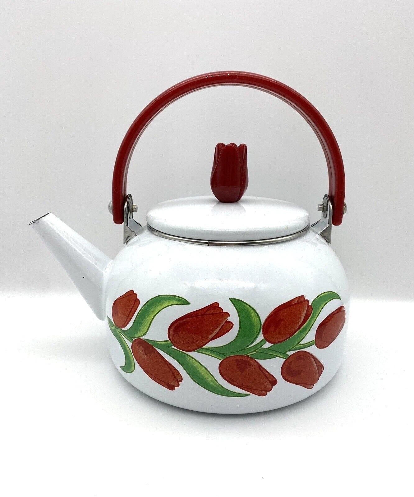 VTG Red Tulips Flowers CottageCore Kitsch Enamel Tea Kettle Red Handle Tea Pot | eBay