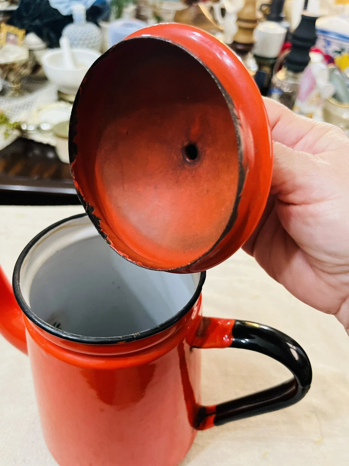 Vintage Red Enamel Teapot 9" Metal Enamelware Farmhouse Country Japan | eBay