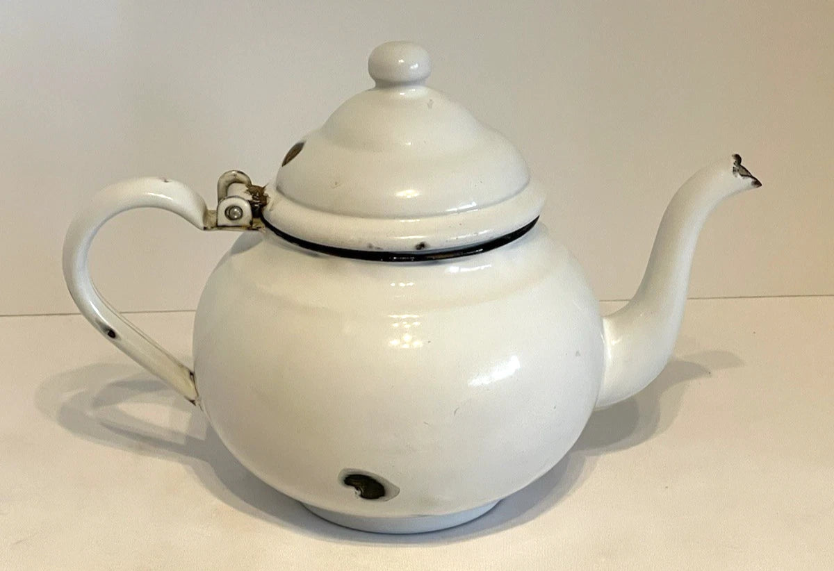 Vintage White Enamelware Teapot w Lid Rustic Farmhouse 7 Inches Tall | eBay