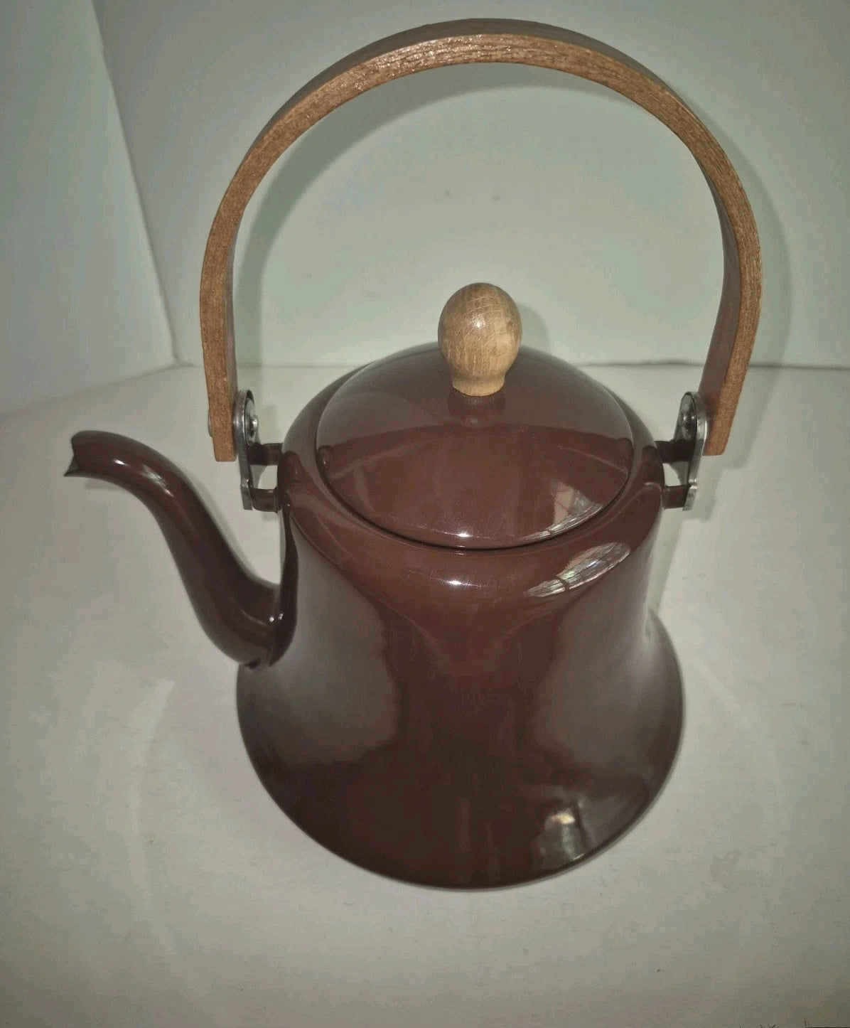 Vintage Metal Brown Metal Teapot Wood Handle Enamel Ware | eBay