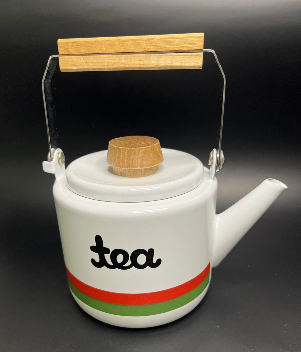 Vintage Japan White Enamel Teapot Kettle Red/Green Stripes Wooden Knob Handle | eBay