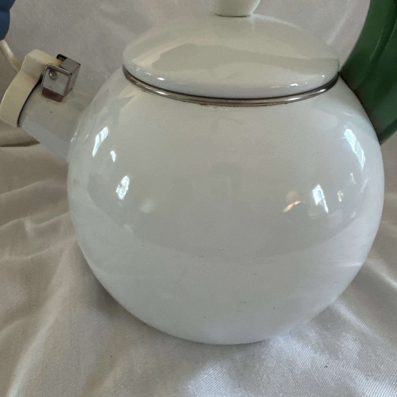 VTG Ancona White Enamel Tea Kettle Blue Hummingbird Red Tulips Teapot Whistles | eBay