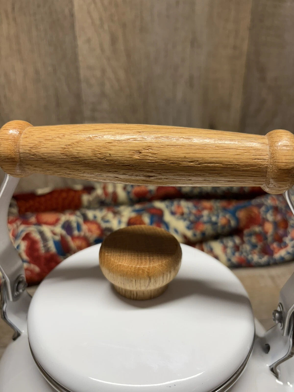 Vtg Enamel Lincoware Tea Pot / Kettle White w/ Pansy Flowers Wood Handles | eBay