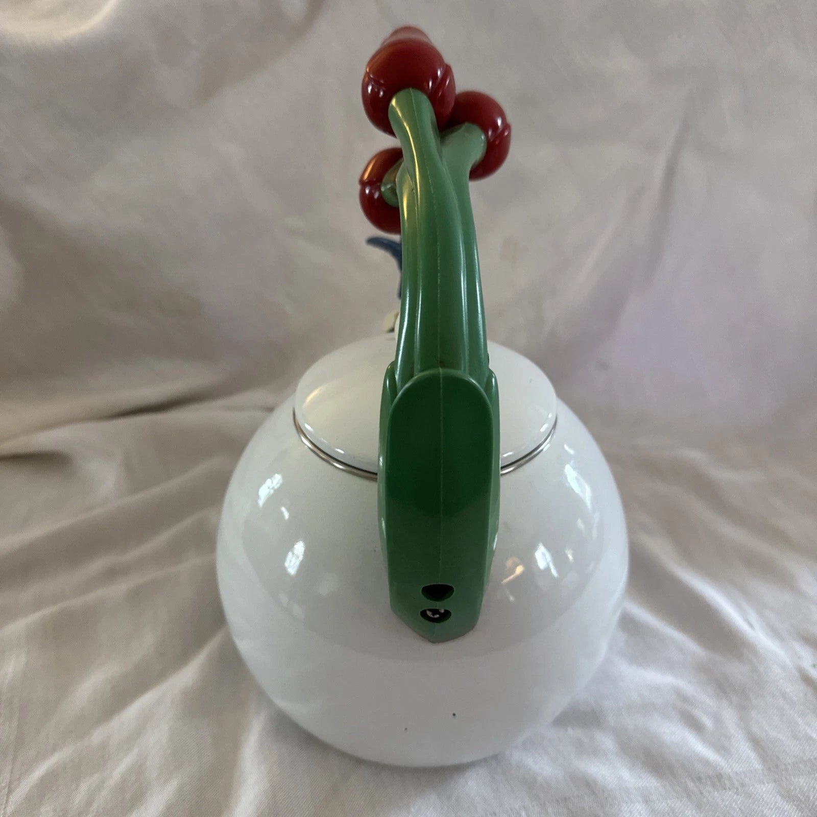 VTG Ancona White Enamel Tea Kettle Blue Hummingbird Red Tulips Teapot Whistles | eBay