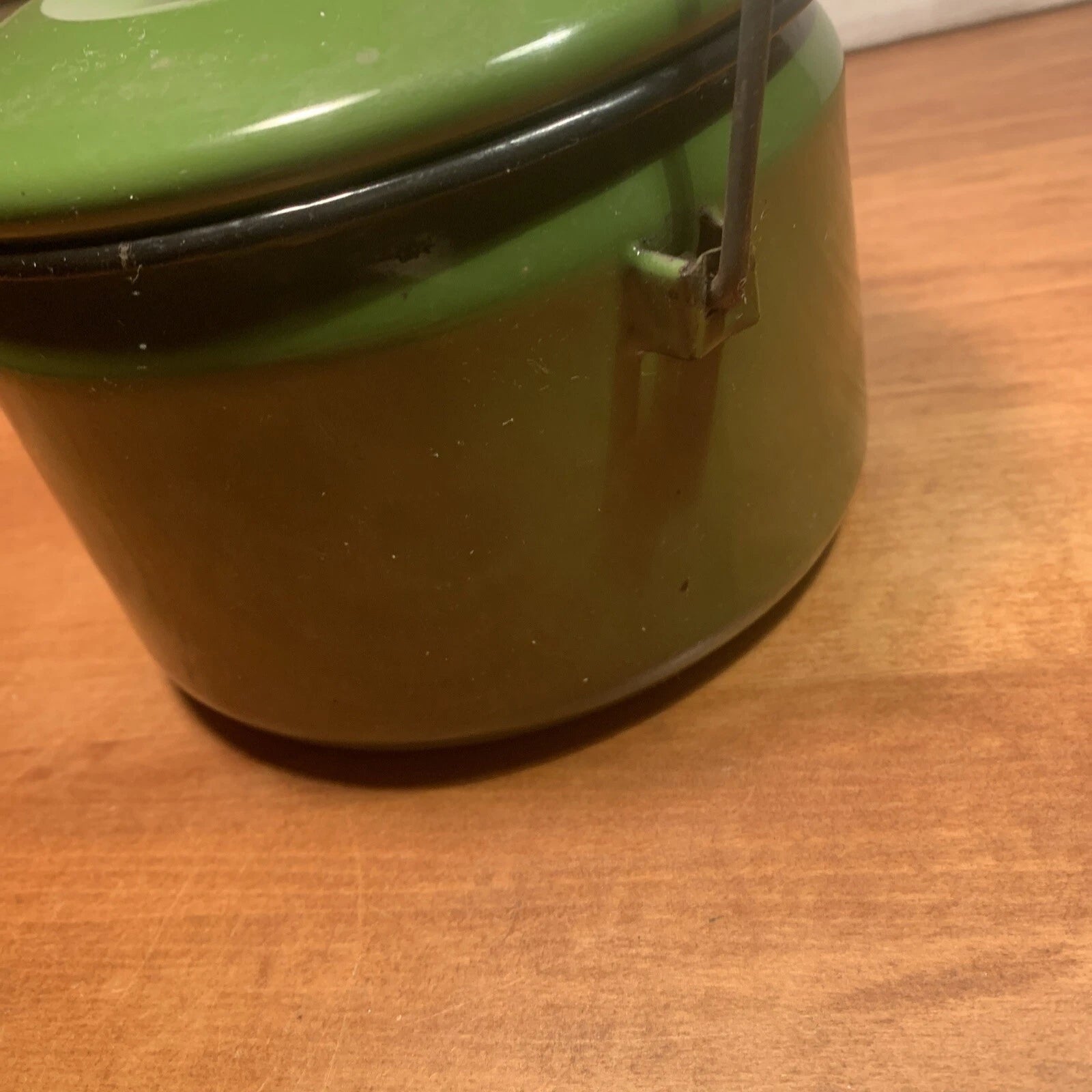 Vintage Farmhouse Enamelware Lidded TeaPot Olive w/ Black Trim, Wood Handle | eBay