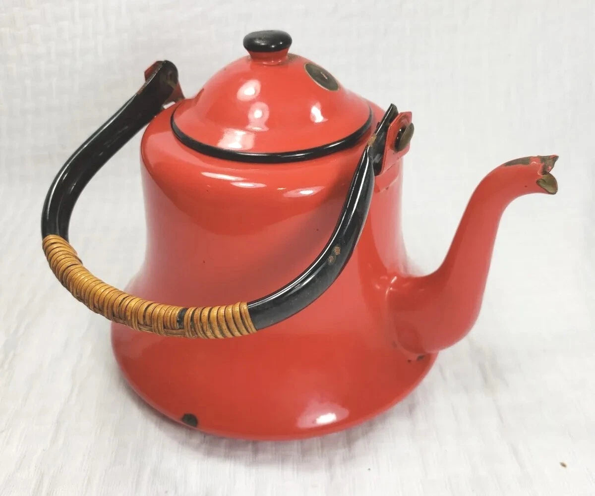 VTG Retro Asahi Japan Red Enamelware Tea Pot Kettle Rattan Wrap Handle | eBay