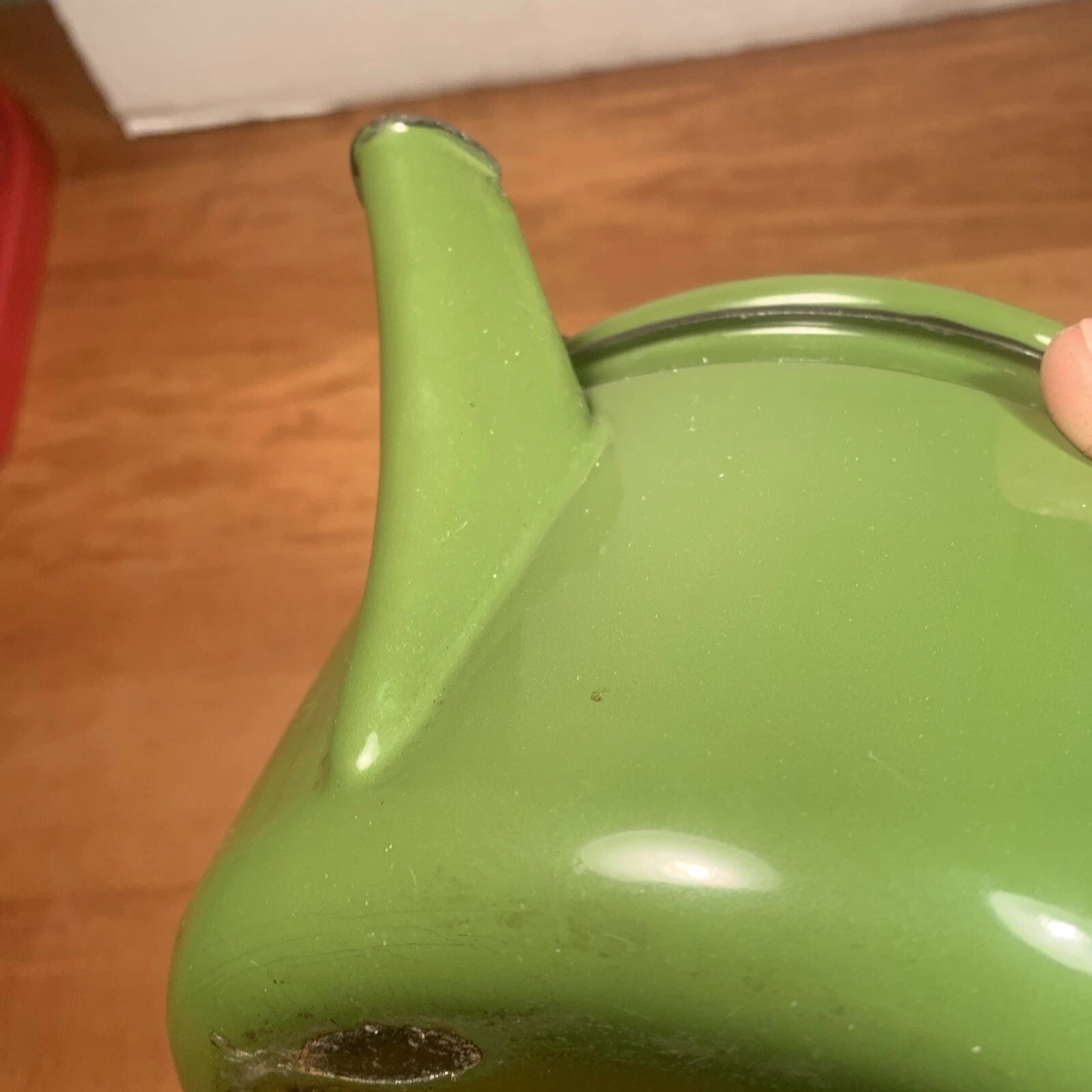 Vintage Farmhouse Enamelware Lidded TeaPot Olive w/ Black Trim, Wood Handle | eBay