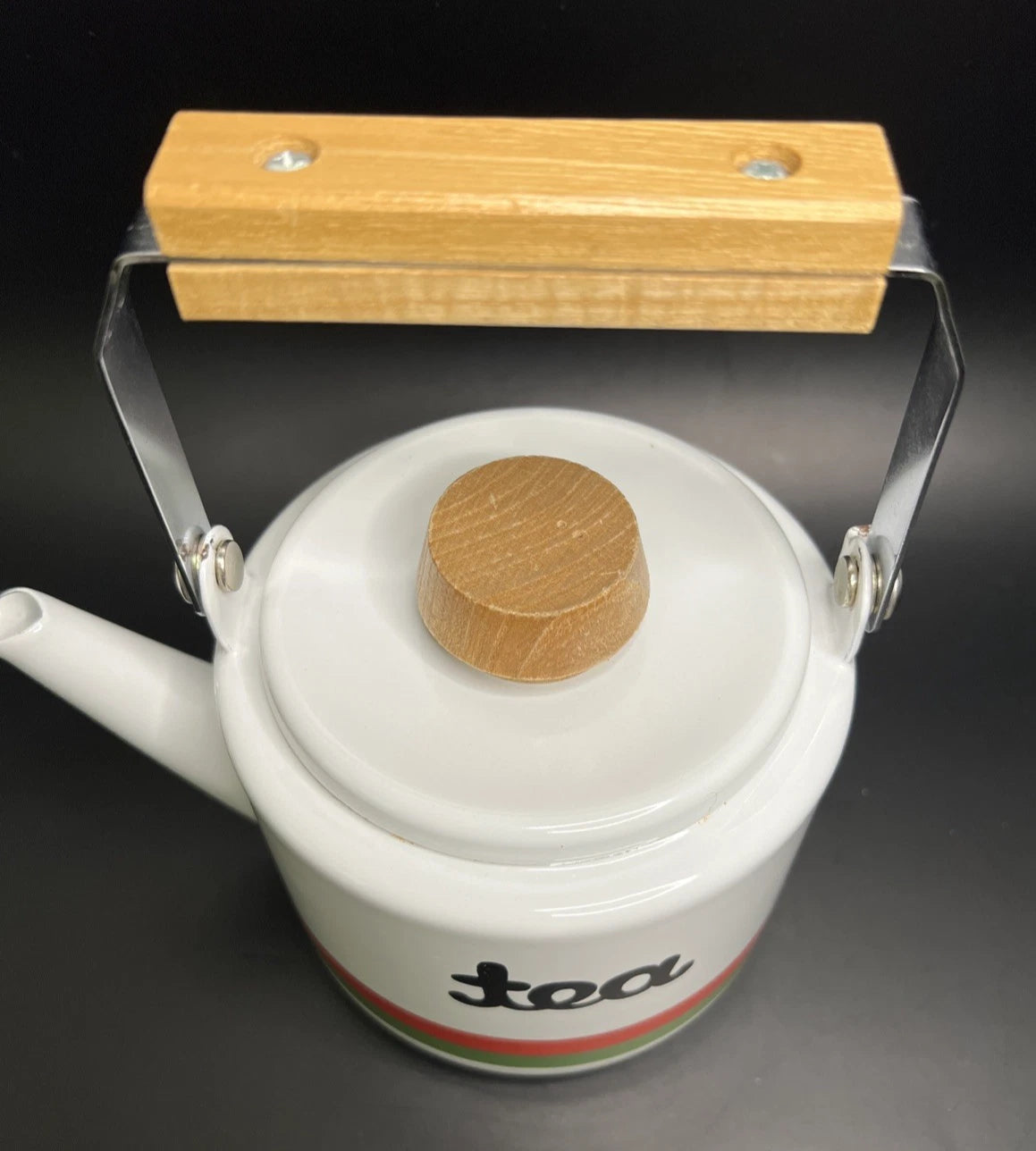 Vintage Japan White Enamel Teapot Kettle Red/Green Stripes Wooden Knob Handle | eBay