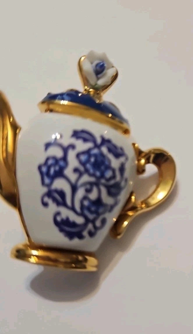 VTG Teapot Gold Tone Blue Porcelain Rose Enamel Cab Brooch Granny Cottage Core | eBay
